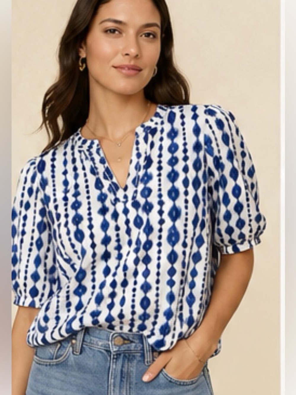 Tommy Bahama Blue Ikat Print Blouse
Split Neck Top XL resort Coastal summer Boho